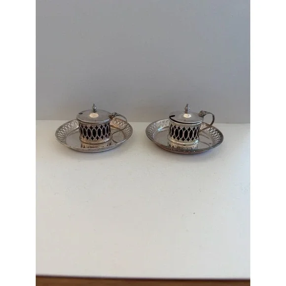 Vintage Cheltenham & Co Silver Plate Mustard Pots Cobalt Blue Glass Set of 2 - Picture 2 of 7